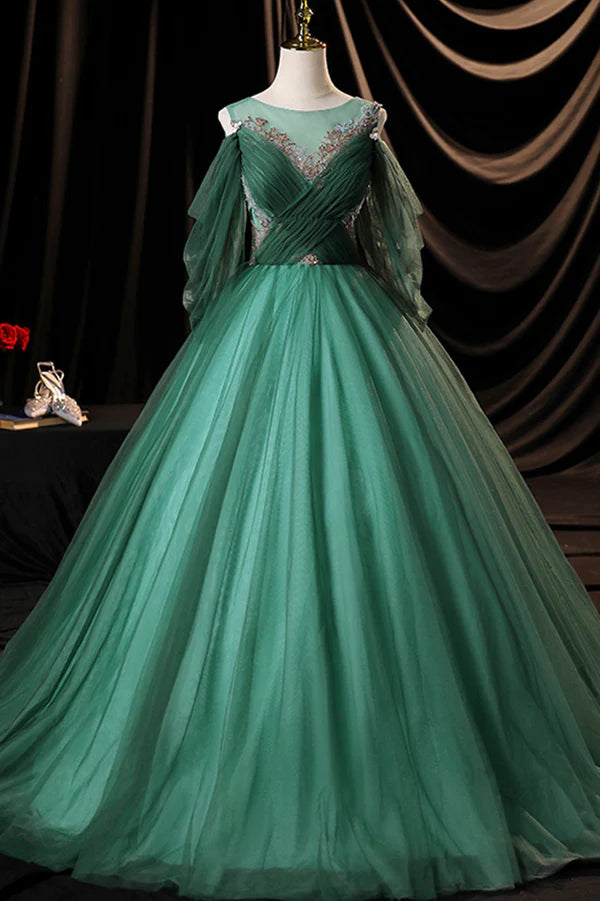 Wholesale Green Scoop Neckline Tulle Formal Evening Dress A-Line Long Sleeve Prom Dress
